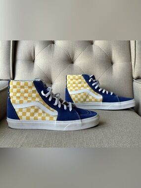 Vans SK8-Hi Checkerboard Mens Size 10 Blue Yellow Walking Skate Shoes Sneakers